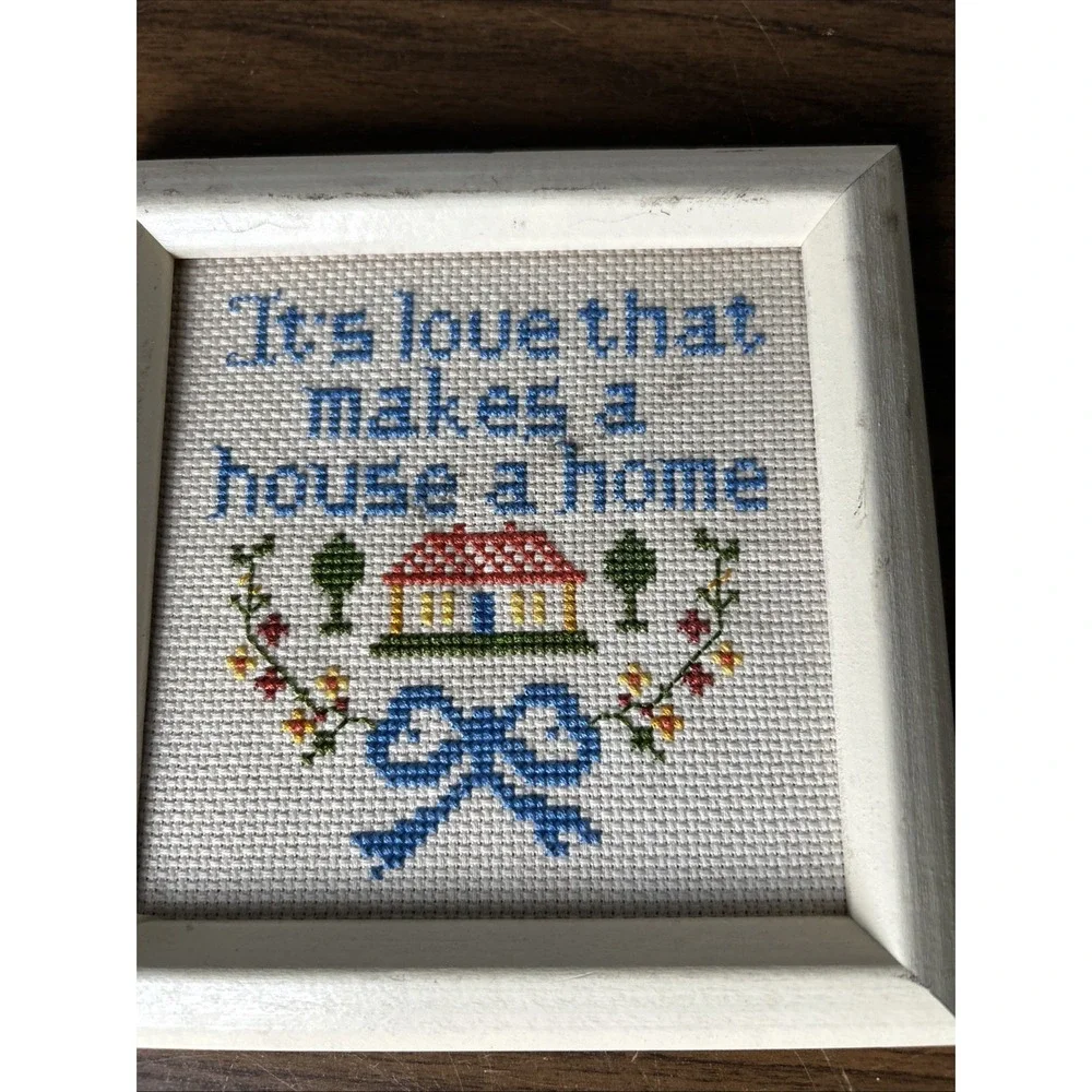 Vintage Framed Cross Stitch Its Love That Makes A House A Home Folk Art Decor